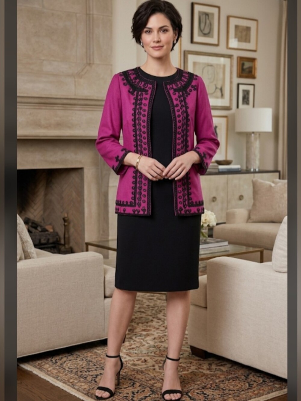 Bella Tu Embroidered Pink w/Black Open Cotton & Flax Jacket Size XS Luxury